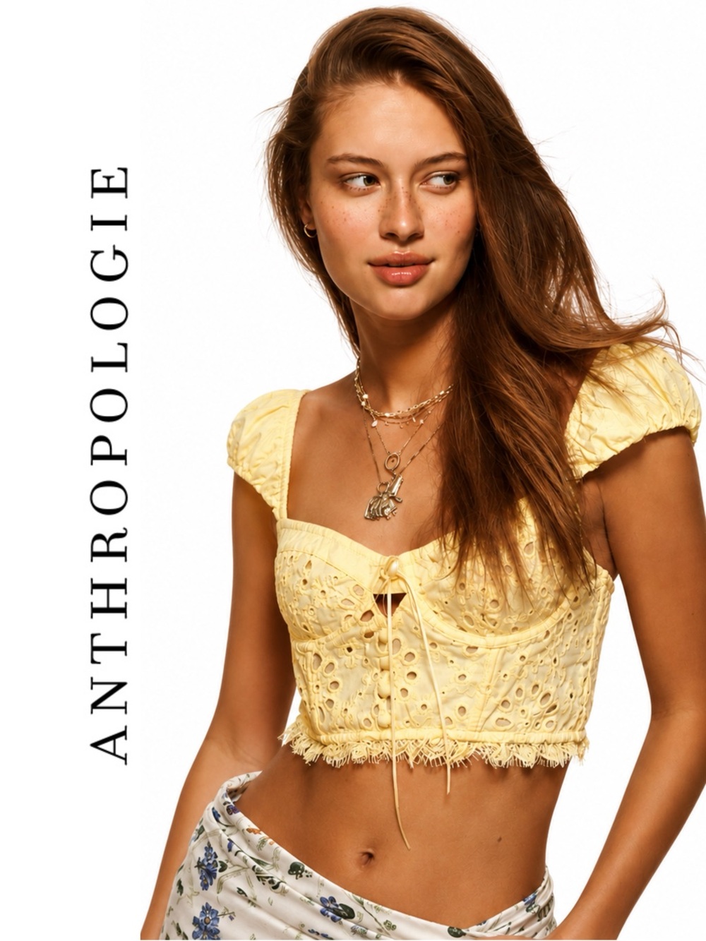 Anthropologie Puff-Sleeve Eyelet Corset Top
